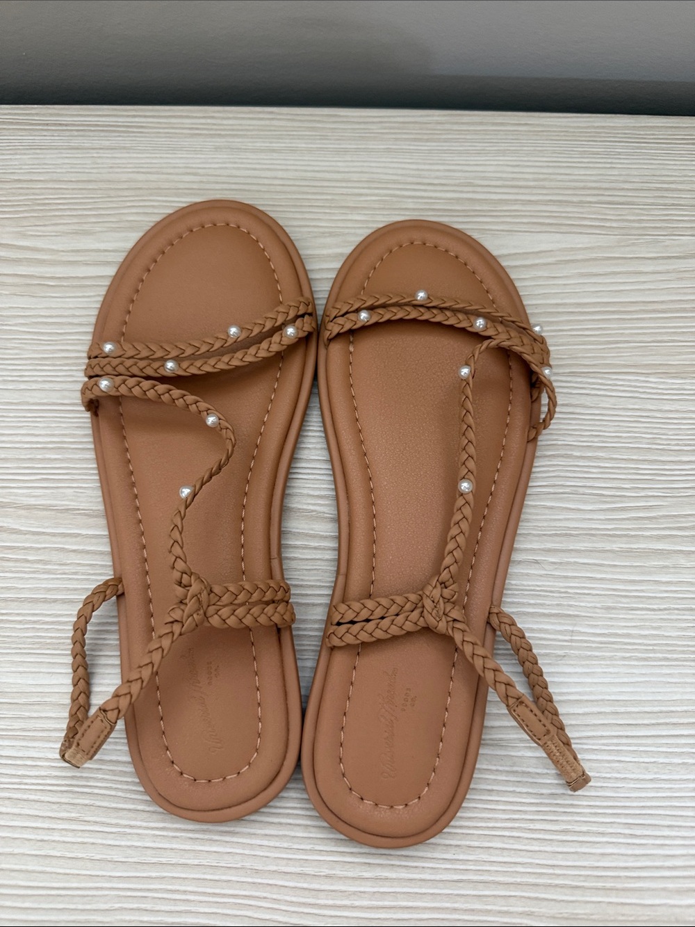 Universal Thread Braided Pearl-Trim Tan Women's Sandals